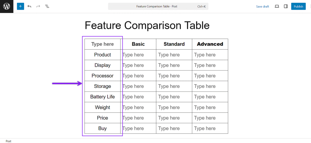 Enter Feature Names in the First Column